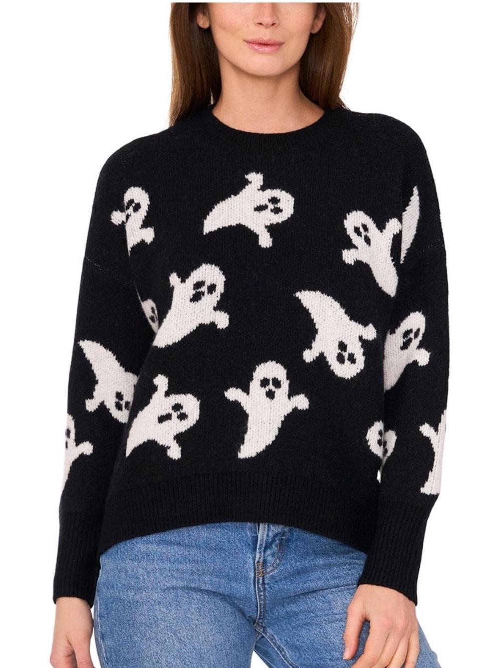 Woman’s Vince camuto Black Ghost Pattern ladies large Sweater - White Ghosts